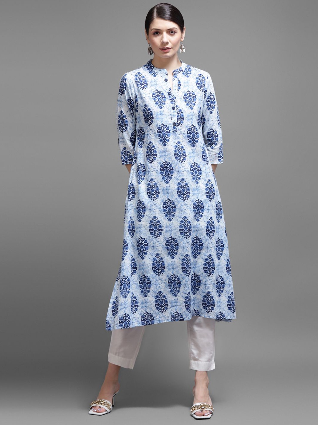 

KALINI Women Floral Printed Mandarin Collar Pure Cotton Straight Kurta, Blue