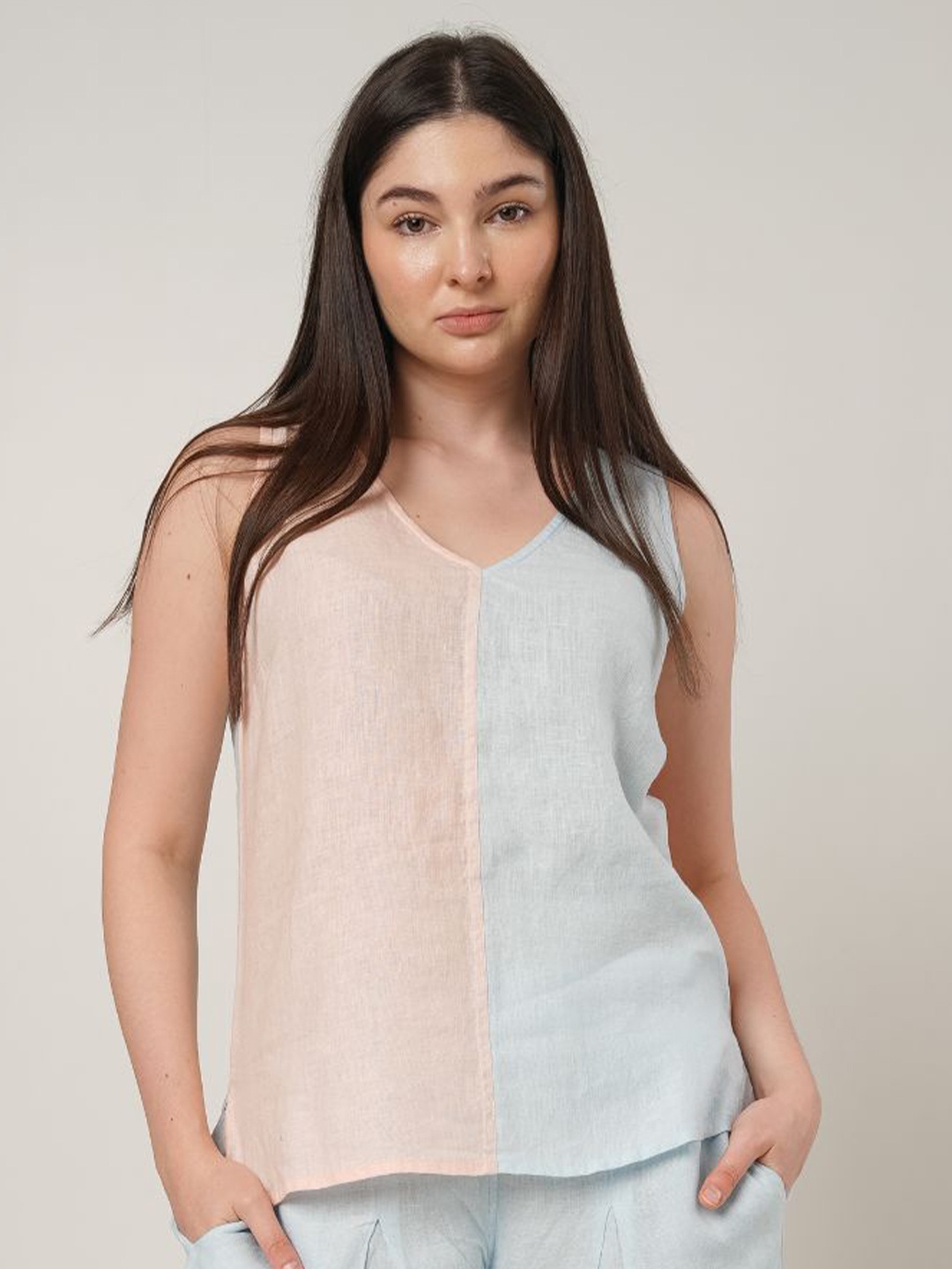 

Fabulous Women Colourblocked Linen Top, Peach