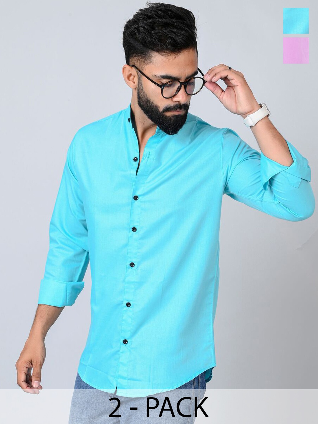 

Tanip Men Pack Of 2 Band Collar Solid Cotton Casual Shirts, Turquoise blue