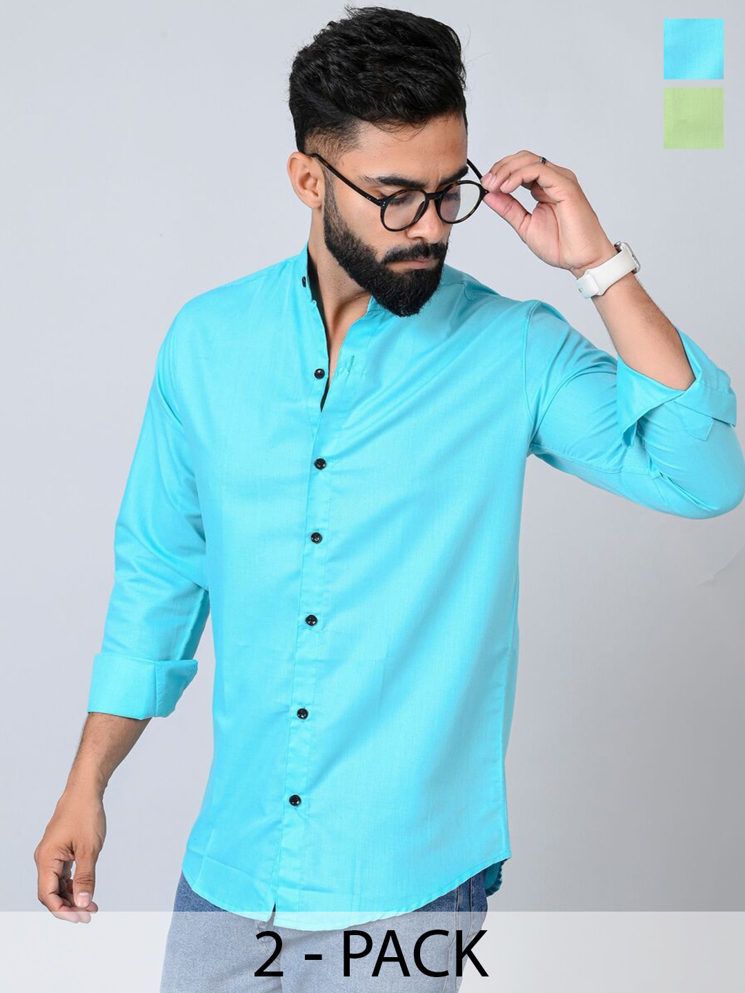 

Tanip Men Pack Of 2 Band Collar Solid Cotton Casual Shirts, Turquoise blue