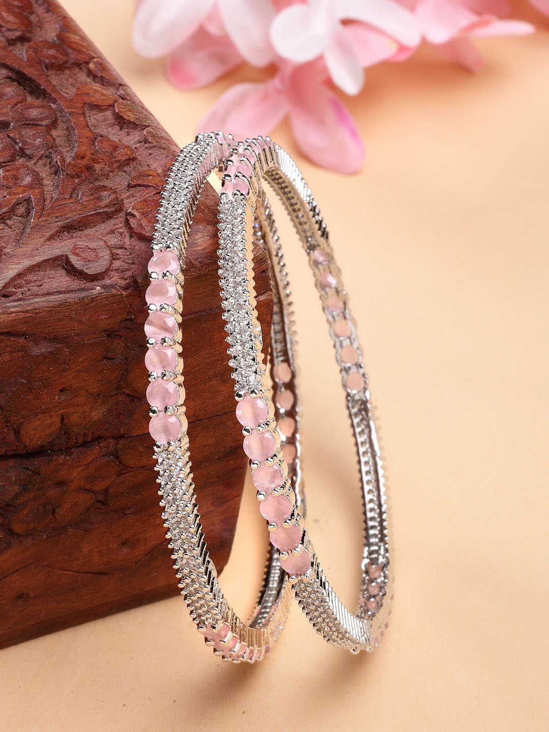 

ZENEME Women Set Of 2 Rhodium-Plated Pink AD Crystal Radiance Bangles, Silver