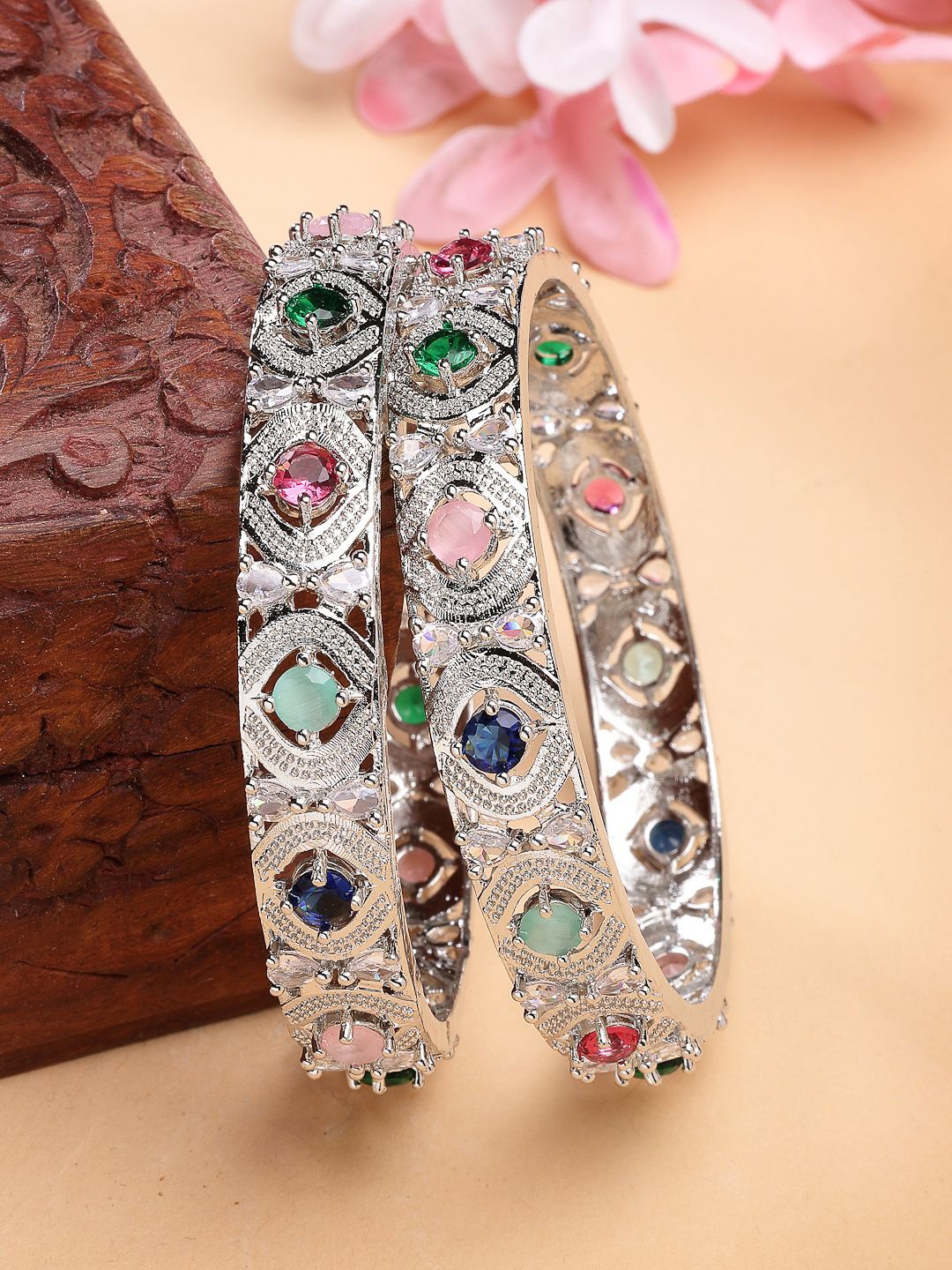 

ZENEME Women Set Of 2 Rhodium-Plated Multicolor Gemstone Halo Bangles, Silver