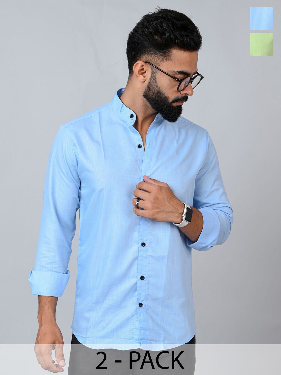 

Tanip Men Pack Of 2 Band Collar Solid Cotton Casual Shirts, Blue