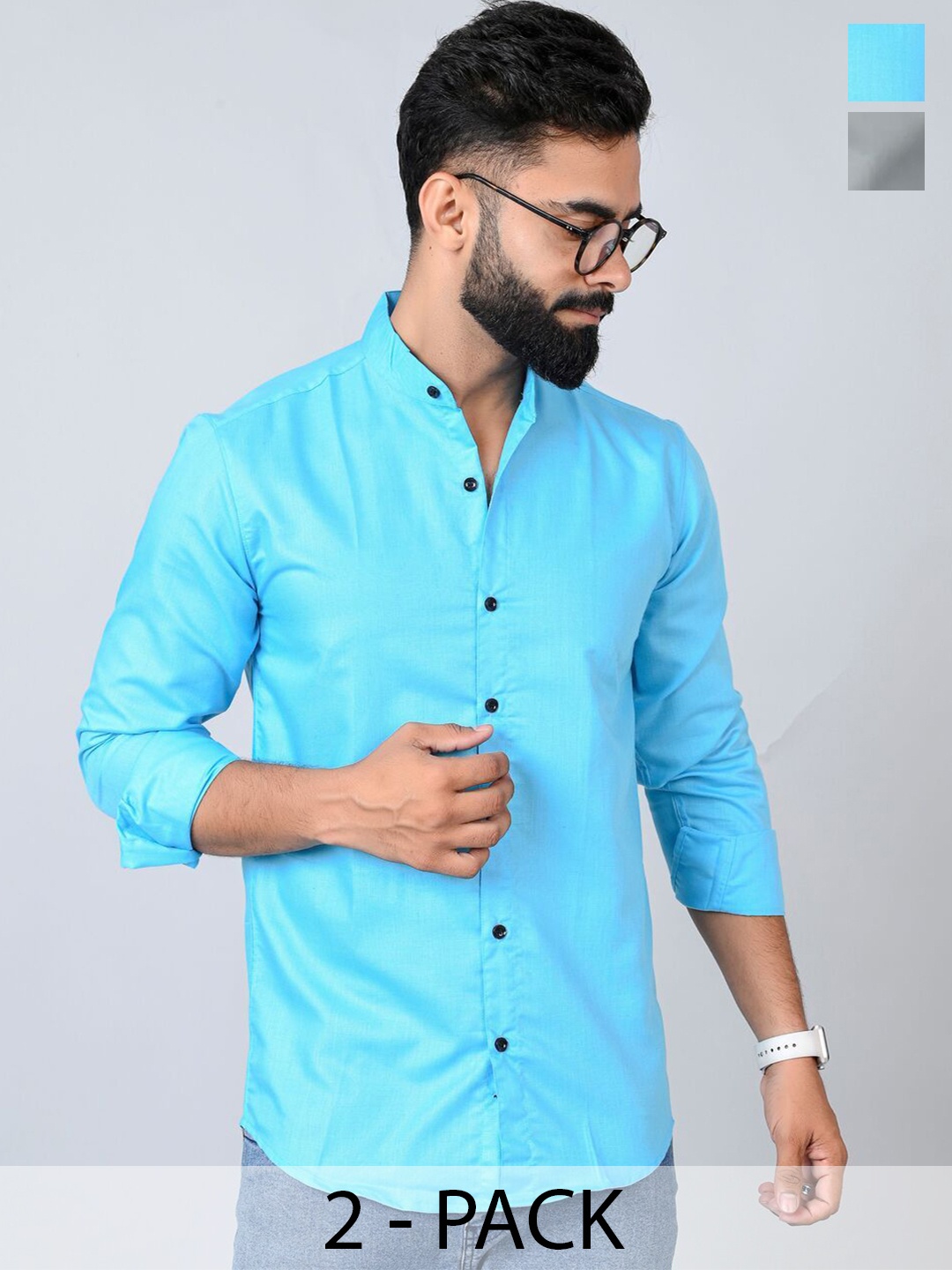 

Tanip Men Pack Of 2 Band Collar Solid Cotton Casual Shirts, Turquoise blue