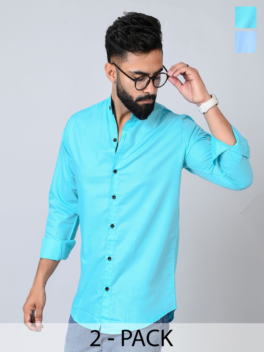 

Tanip Men Pack Of 2 Band Collar Solid Cotton Casual Shirts, Turquoise blue