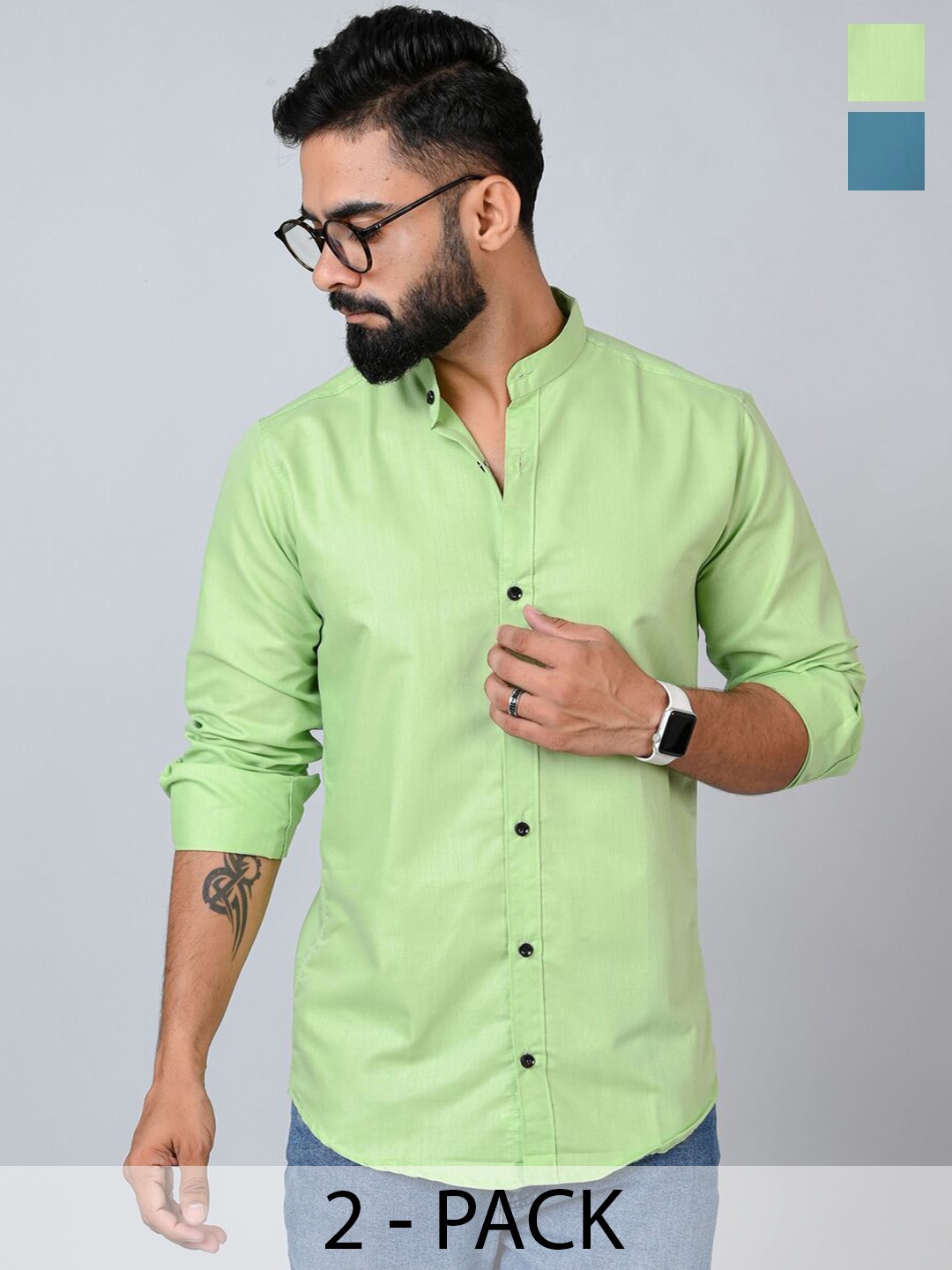 

Tanip Men Pack Of 2 Band Collar Solid Cotton Casual Shirts, Green