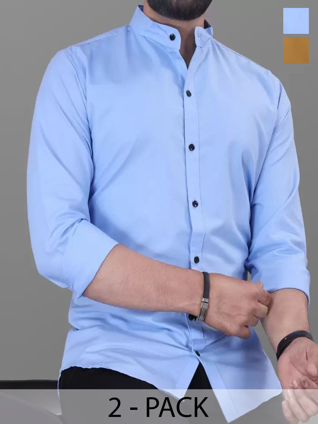 

Tanip Men Pack Of 2 Band Collar Solid Cotton Casual Shirts, Blue