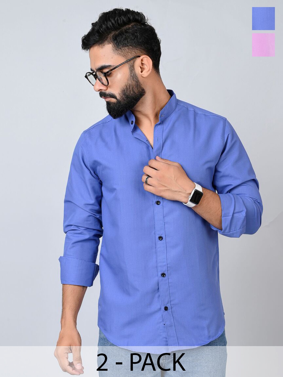 

Tanip Men Pack Of 2 Band Collar Solid Cotton Casual Shirts, Blue