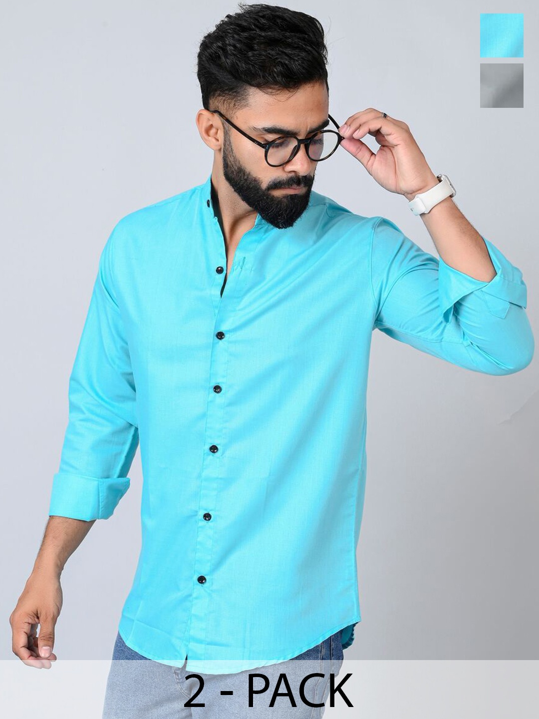 

Tanip Men Pack Of 2 Band Collar Solid Cotton Casual Shirts, Turquoise blue