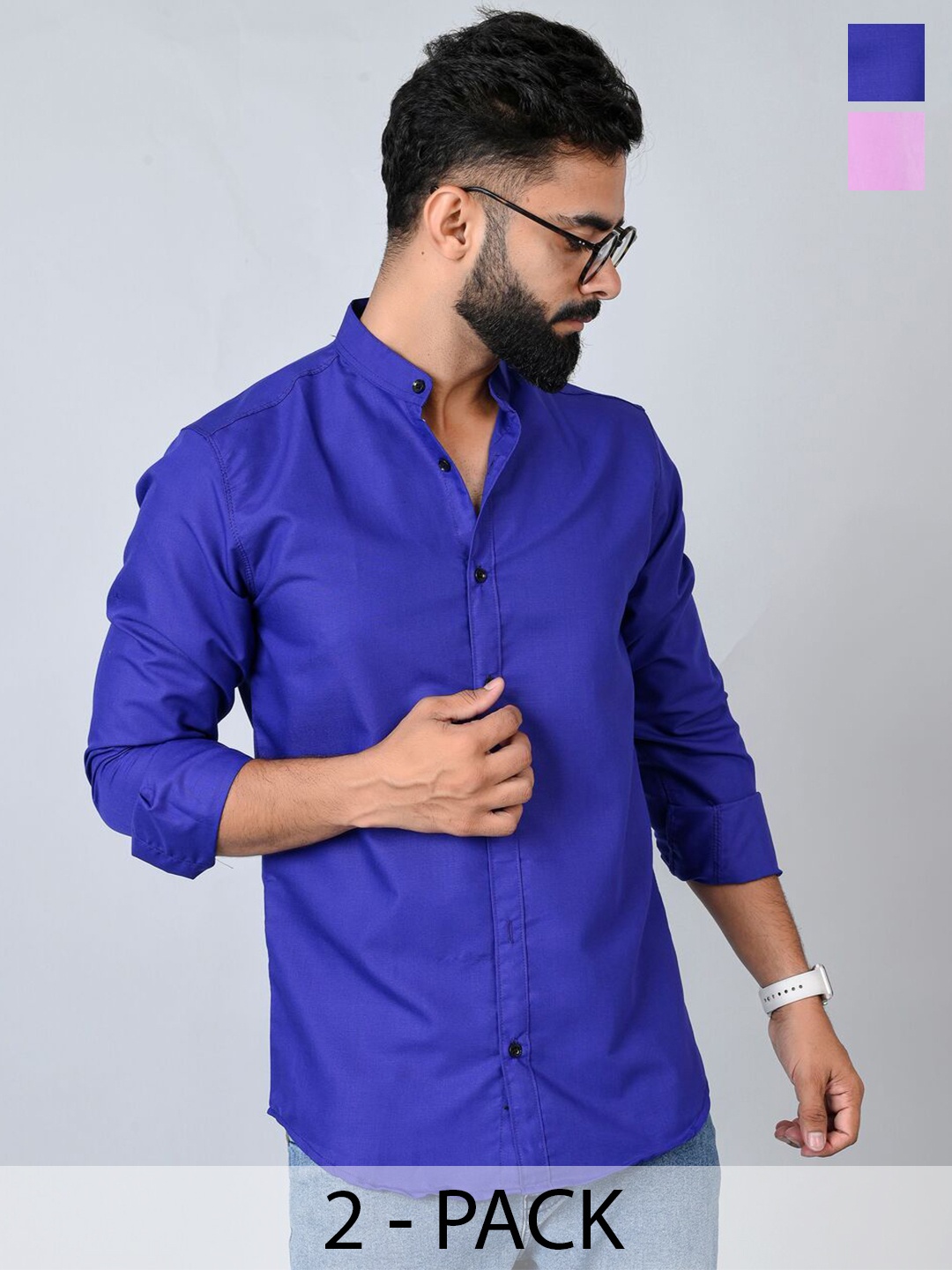 

Tanip Men Pack Of 2 Band Collar Solid Cotton Casual Shirts, Blue