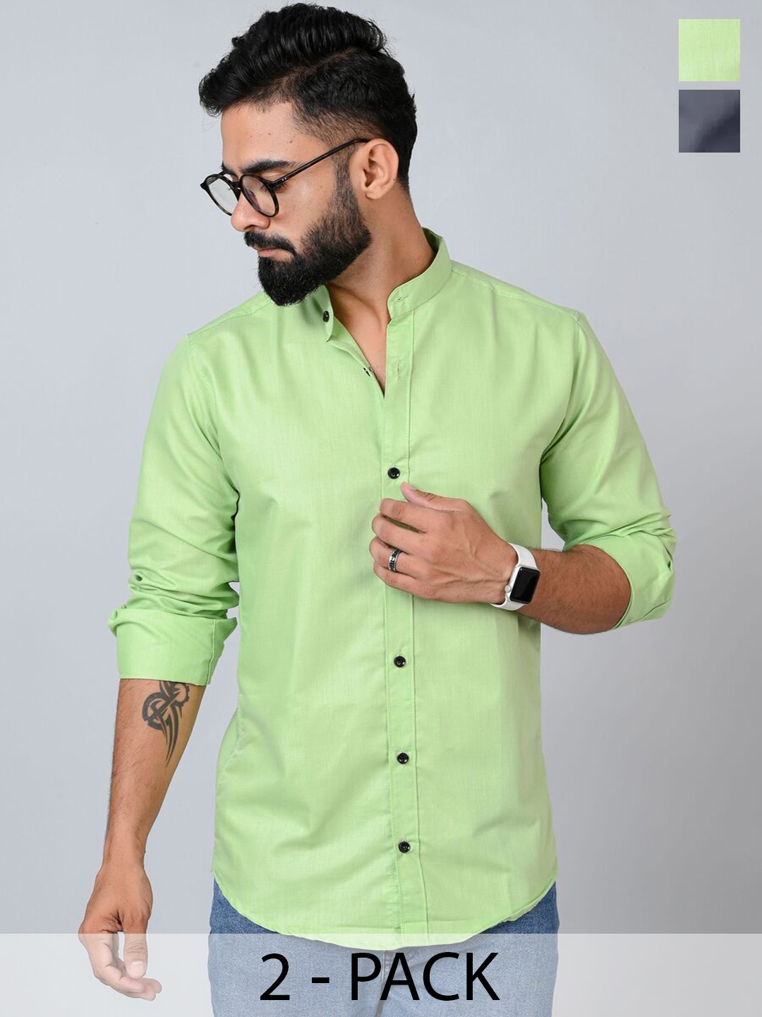 

Tanip Men Pack Of 2 Band Collar Solid Cotton Casual Shirts, Grey