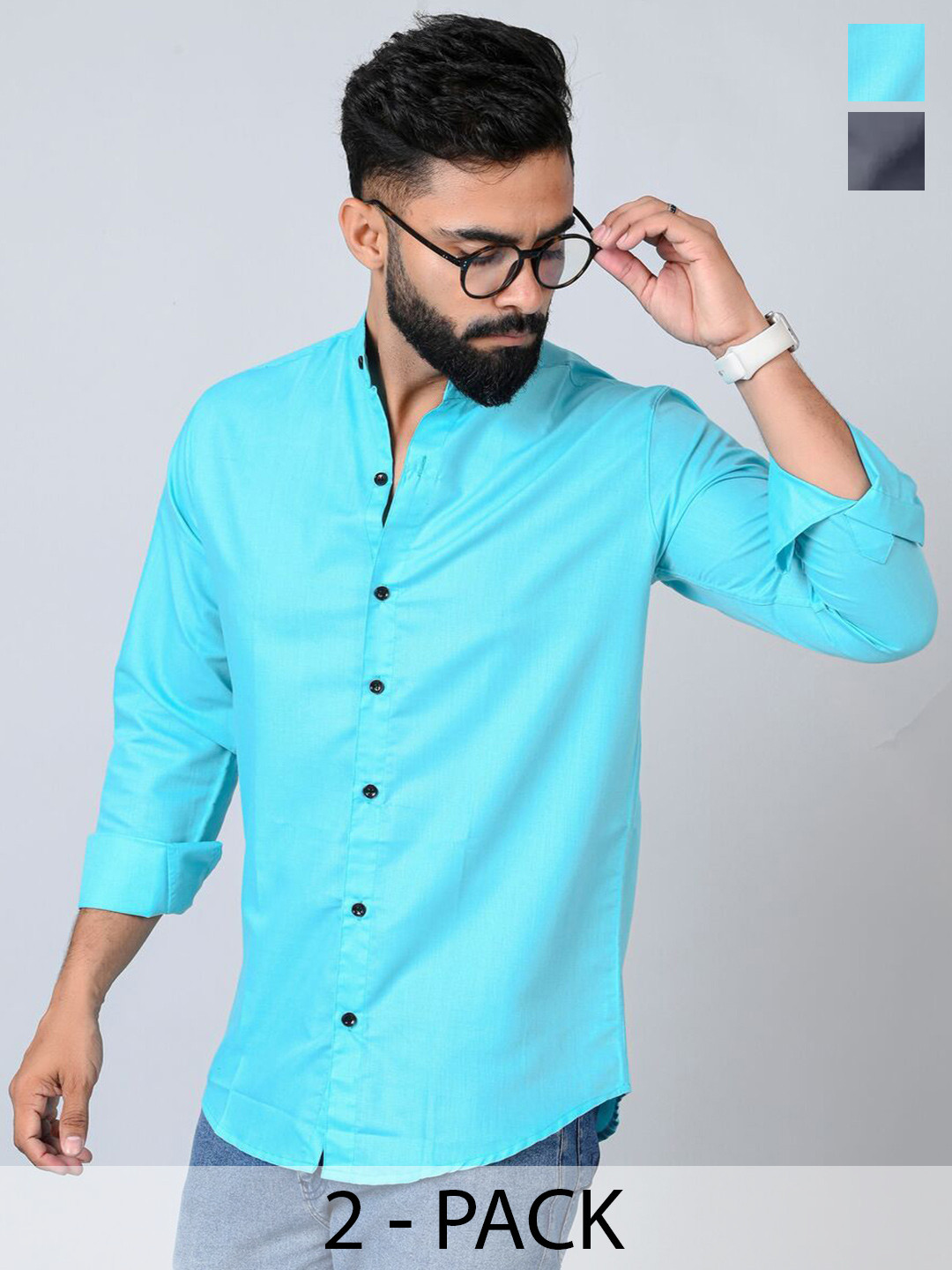 

Tanip Men Pack Of 2 Band Collar Solid Cotton Casual Shirts, Grey