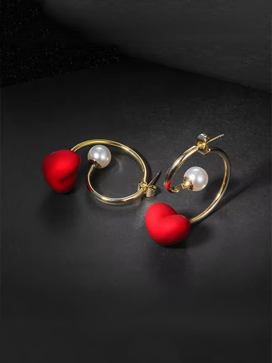 

Krelin Rhodium-Plated Pearl Studded Heart Shaped Half Hoop Earrings, Red