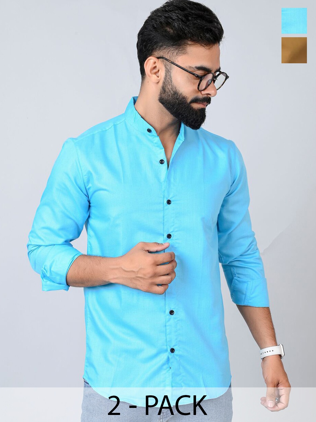 

Tanip Men Pack Of 2 Band Collar Solid Cotton Casual Shirts, Turquoise blue