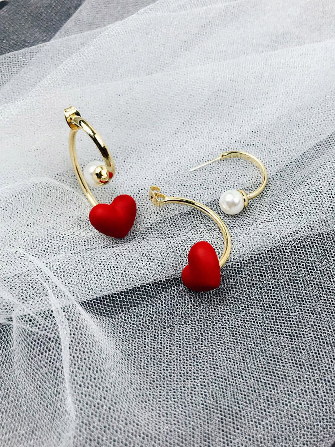 

Krelin Rhodium-Plated Pearl Studded Heart Shaped Half Hoop Earrings, Red