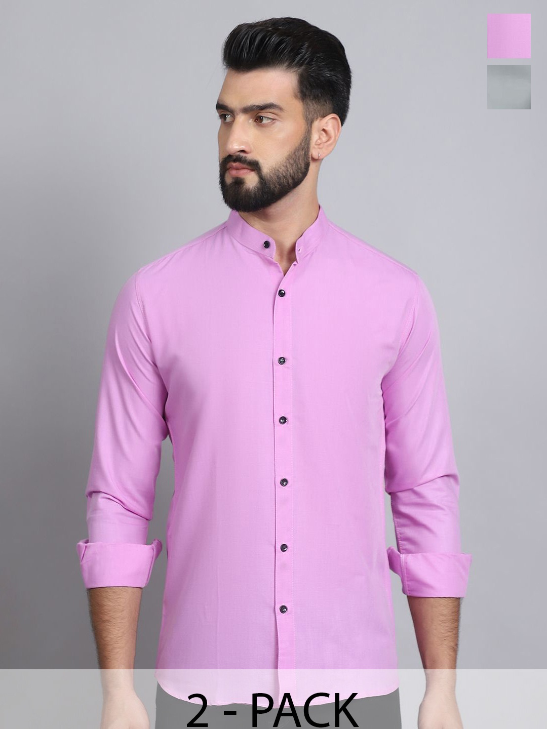

Tanip Men Pack Of 2 Band Collar Solid Cotton Casual Shirts, Mauve