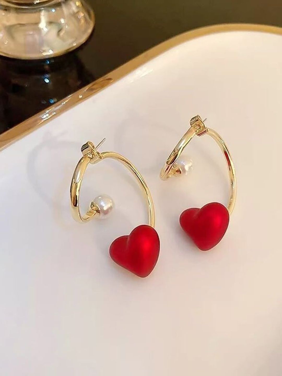 

Krelin Rhodium-Plated Pearl Studded Heart Shaped Half Hoop Earrings, Red