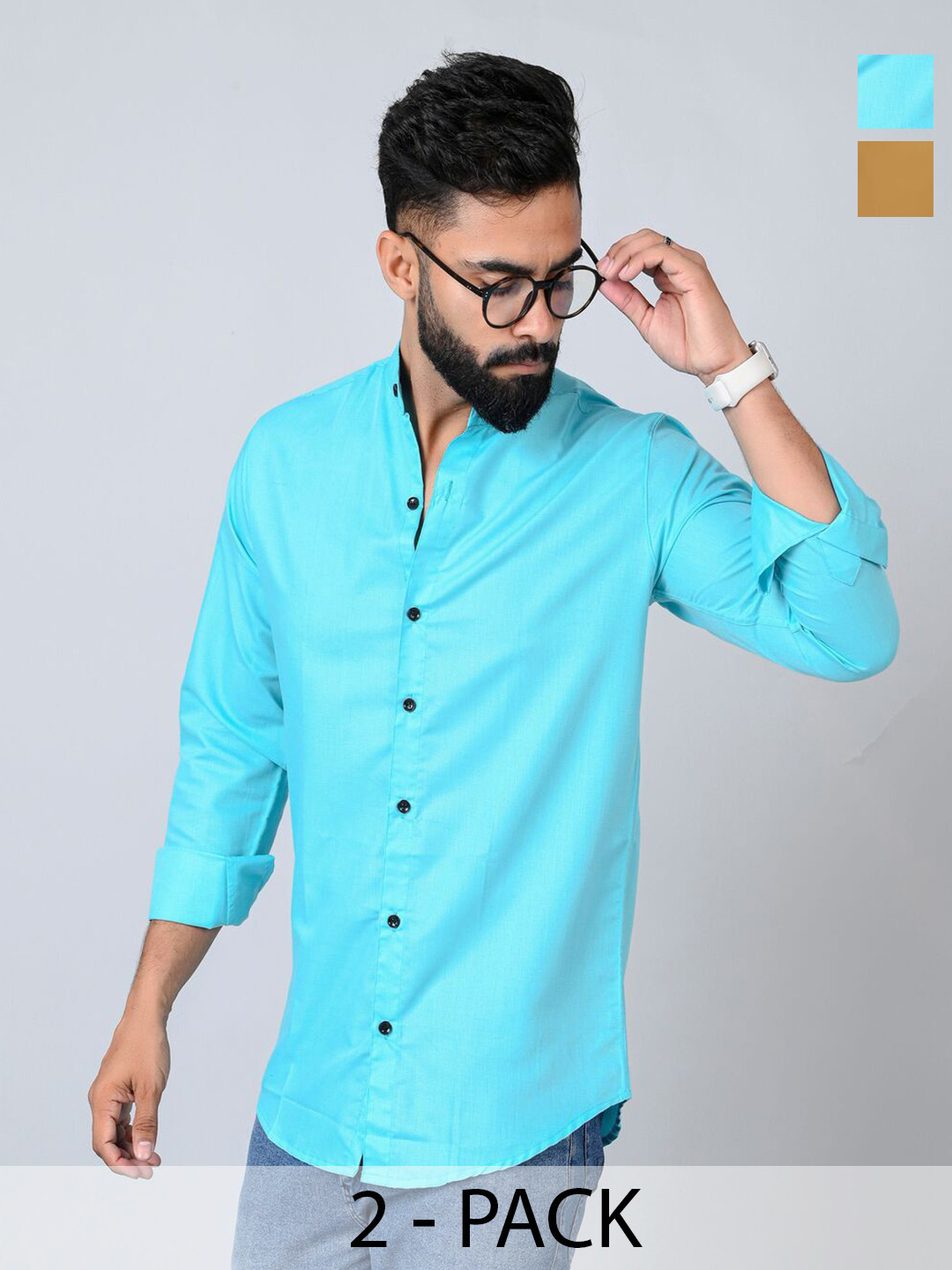 

Tanip Men Pack Of 2 Band Collar Solid Cotton Casual Shirts, Turquoise blue