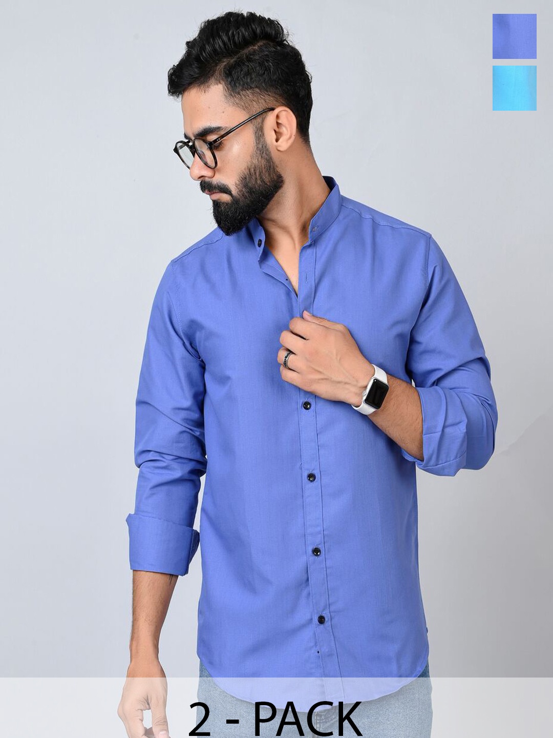 

Tanip Men Pack Of 2 Band Collar Solid Cotton Casual Shirts, Blue