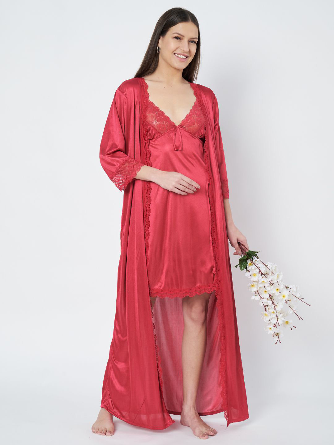

KOI SLEEPWEAR Women Lace Satin Nightdress With Robe, Pink