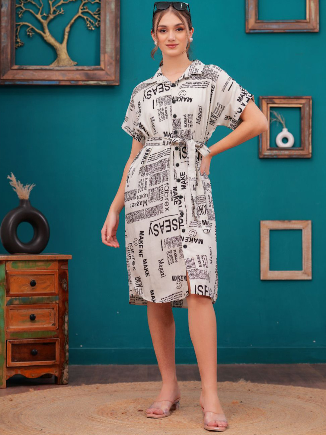 

HIGHLIGHT FASHION EXPORT Women Shirt Collar Typography Printed A-Line Dress, White