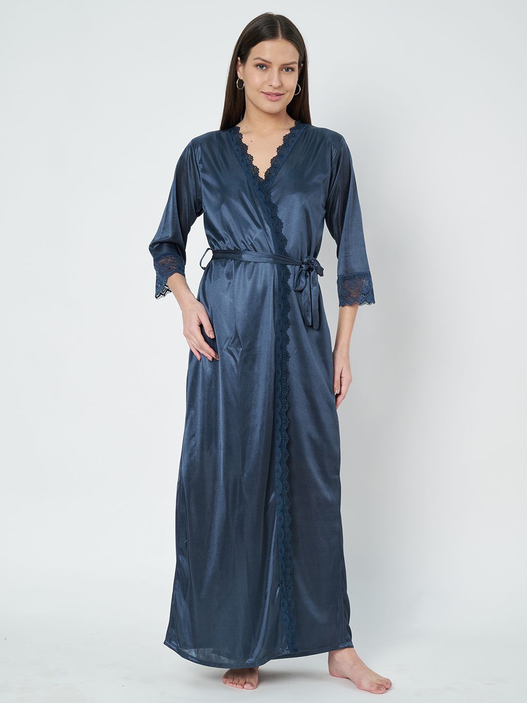 

KOI SLEEPWEAR Women Lace Satin Nightdress With Robe, Blue