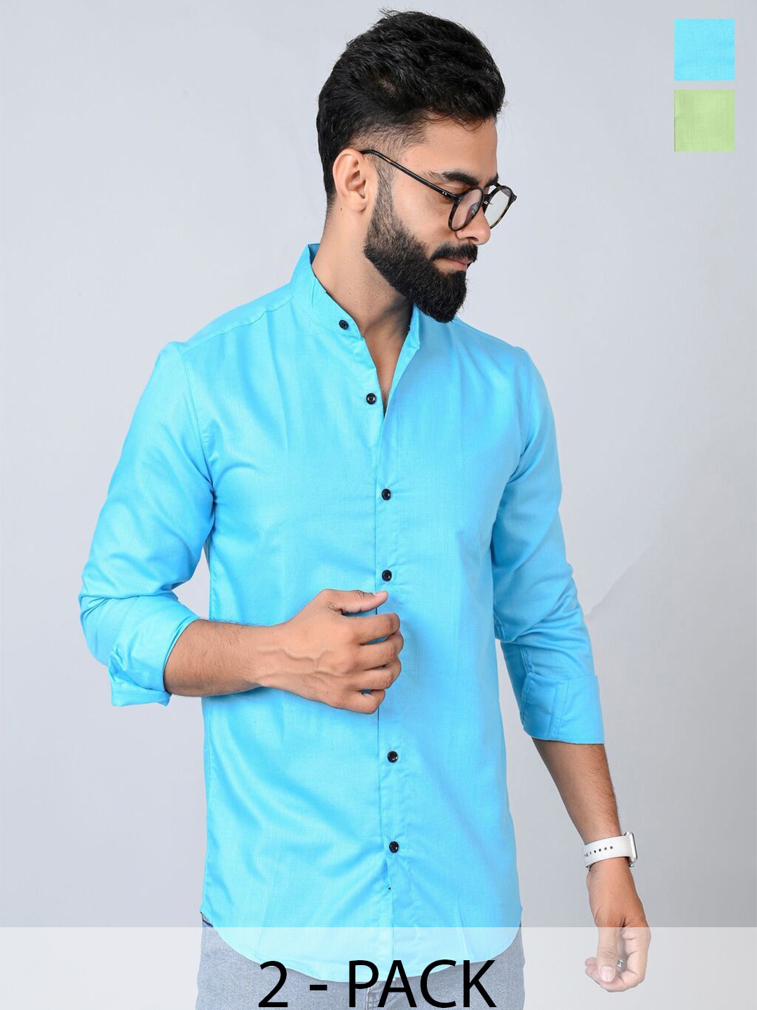 

Tanip Men Pack Of 2 Band Collar Solid Cotton Casual Shirts, Turquoise blue
