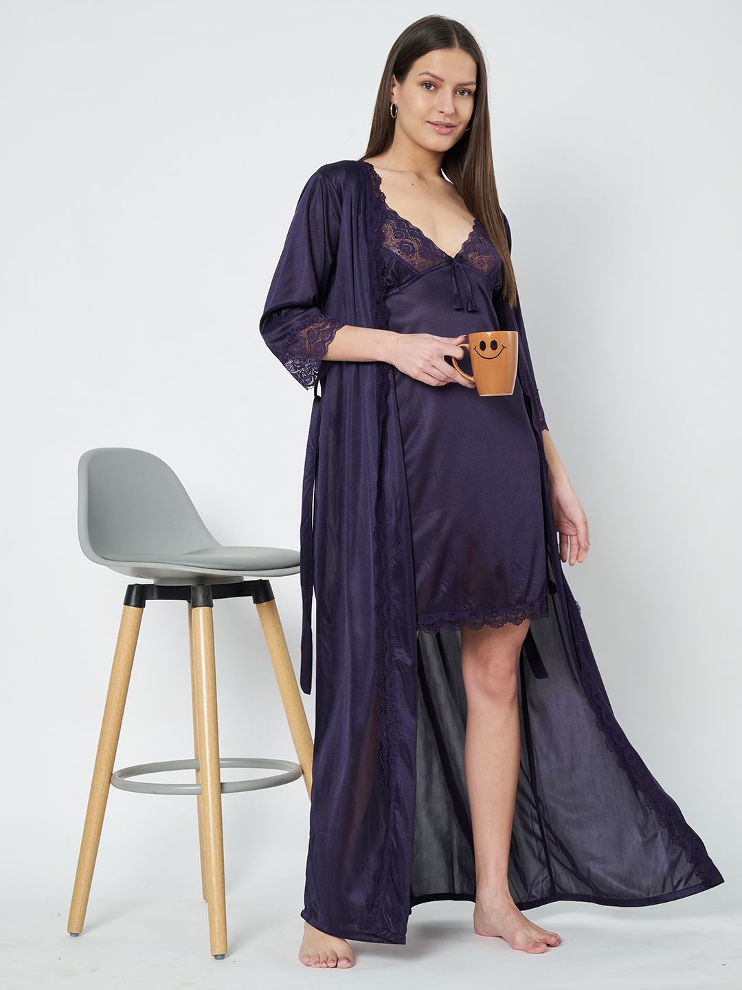 

KOI SLEEPWEAR Women Lace Satin Nightdress With Robe, Navy blue