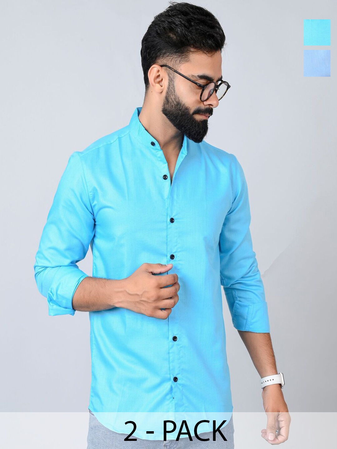 

Tanip Men Pack Of 2 Band Collar Solid Cotton Casual Shirts, Turquoise blue