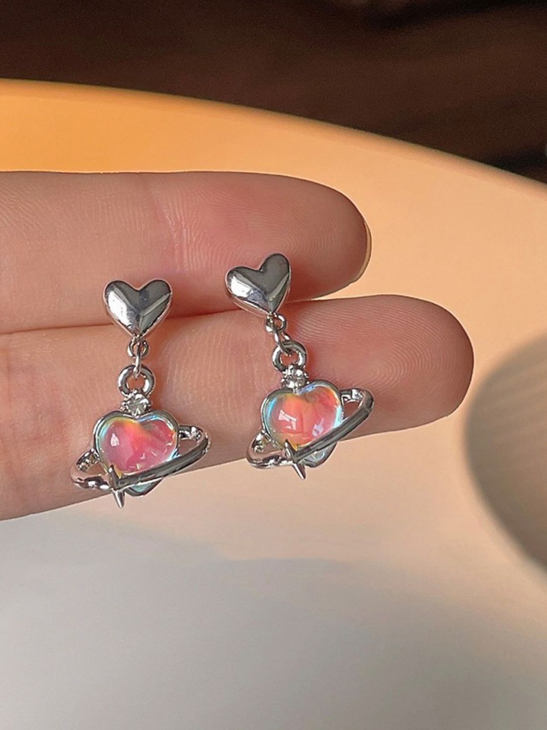 

VAGHBHATT Rhodium-Plated Crystals Studded Heart Shaped Drop Earrings, Silver
