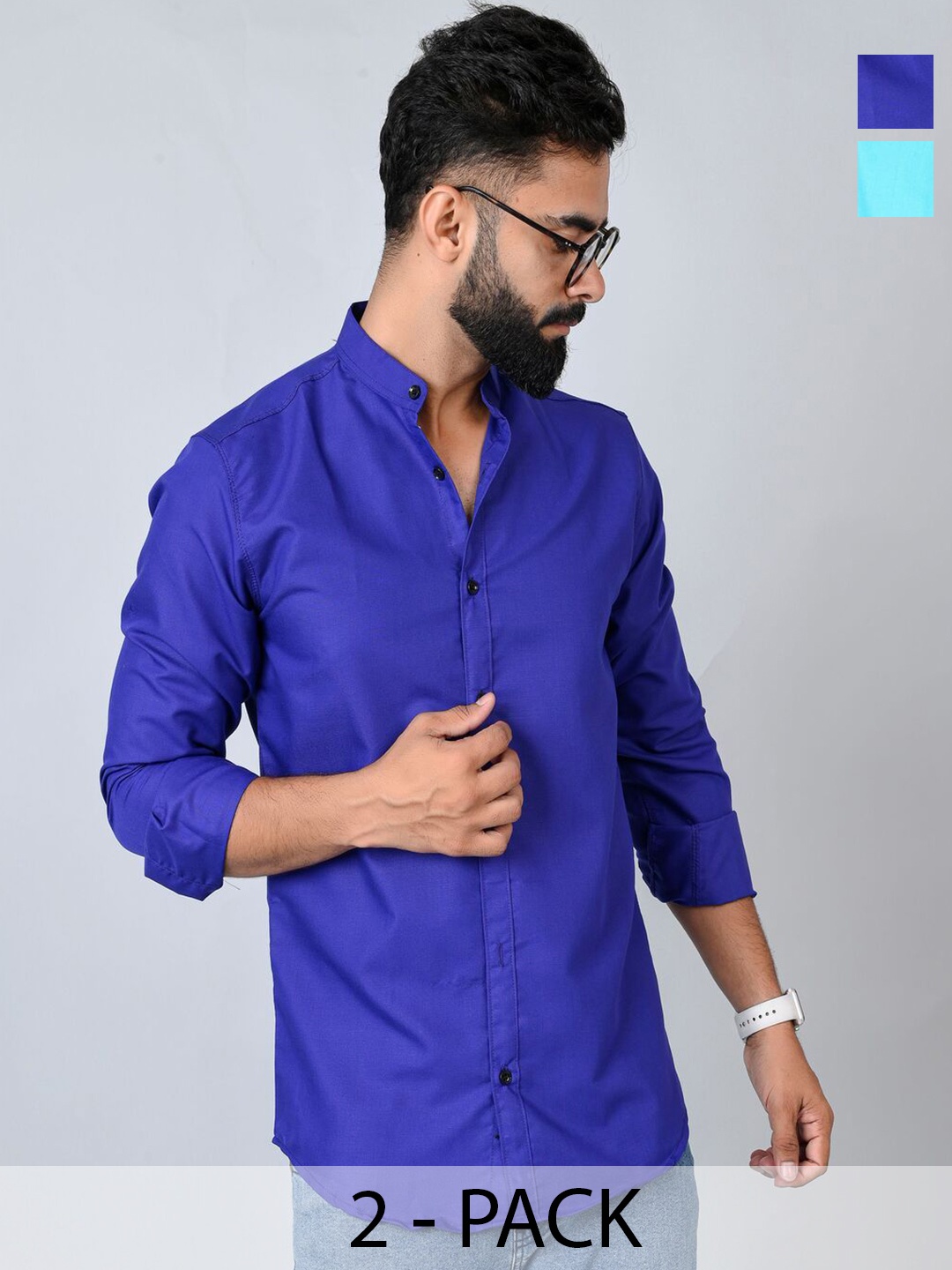 

Tanip Men Pack Of 2 Band Collar Solid Cotton Casual Shirts, Blue