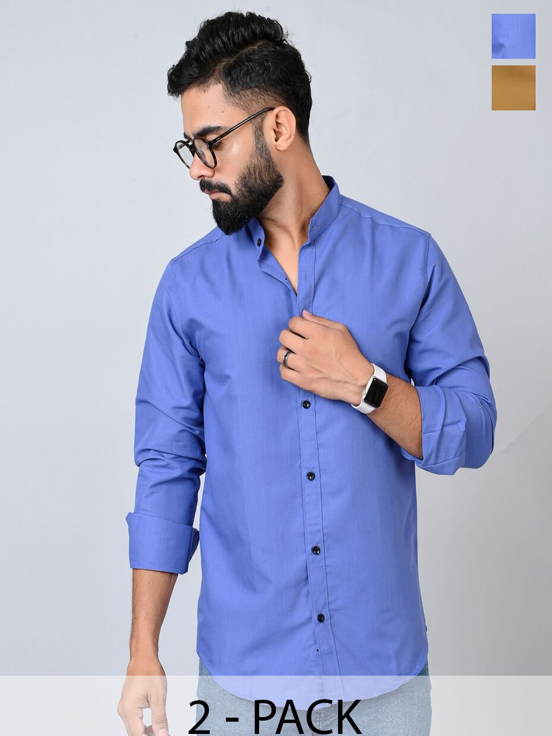 

Tanip Men Pack Of 2 Band Collar Solid Cotton Casual Shirts, Blue
