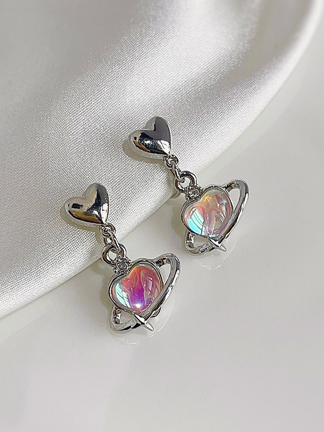 

VAGHBHATT Rhodium-Plated Crystals Studded Heart Shaped Drop Earrings, Silver