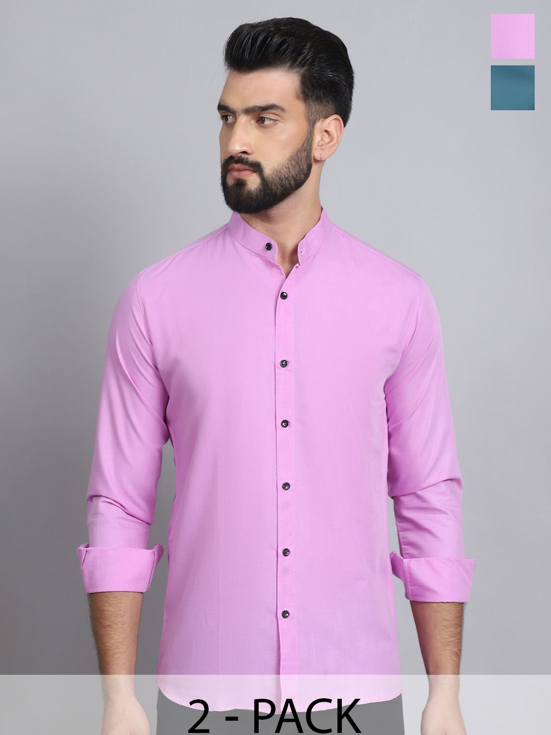 

Tanip Men Pack Of 2 Band Collar Solid Cotton Casual Shirts, Pink