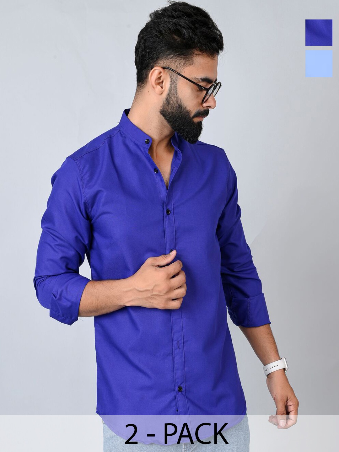 

Tanip Men Pack Of 2 Band Collar Solid Cotton Casual Shirts, Blue