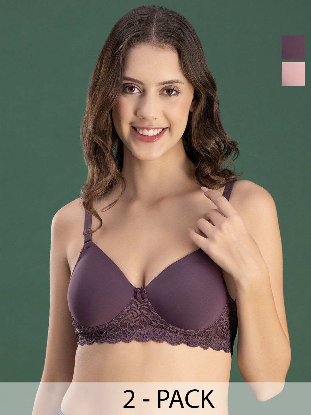 

DressBerry Women Pack of 2 Medium Coverage Lightly Padded Lace Bra, Pink