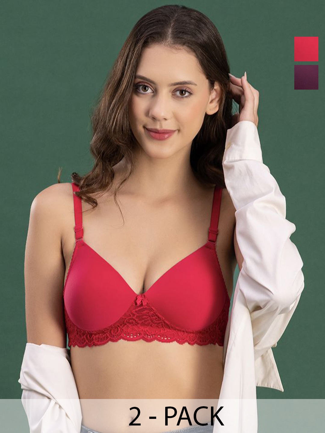 

DressBerry Women Pack of 2 Medium Coverage Lightly Padded Lace Bra, Pink