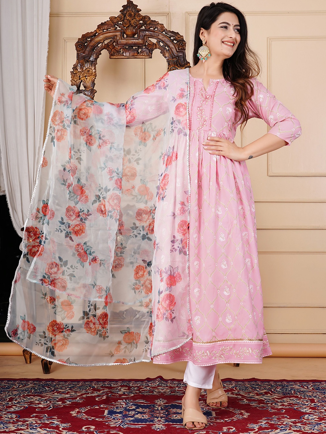 

FASHION MIRROR Ethnic Motifs Printed Notch Neck Maternity With Kurta Trouser and Dupatta, Peach