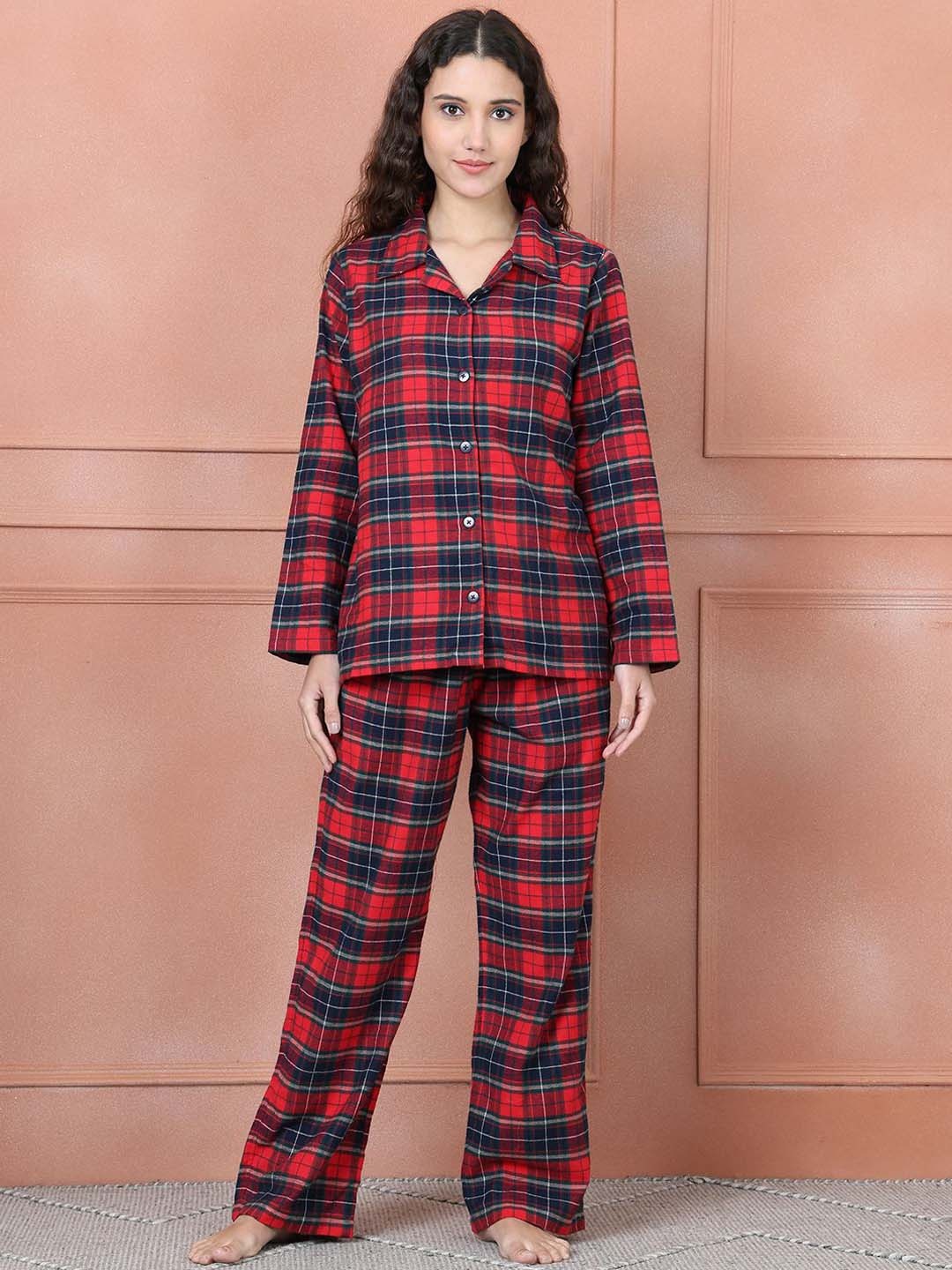 

Secret Wish Women Lapel Collar Checked Night suit, Red
