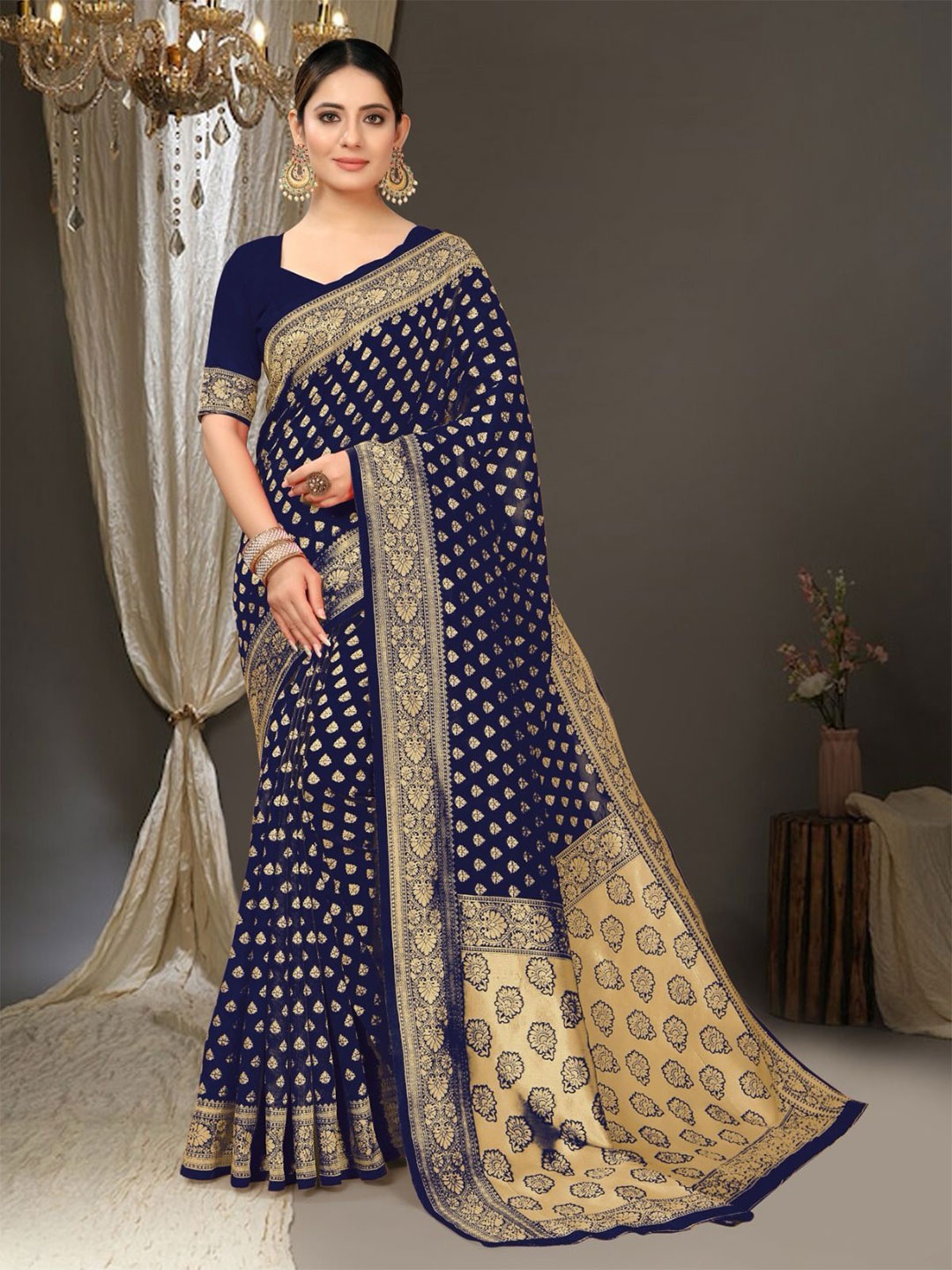 

Marziyaa Woven Design Zari Banarasi Saree, Navy blue