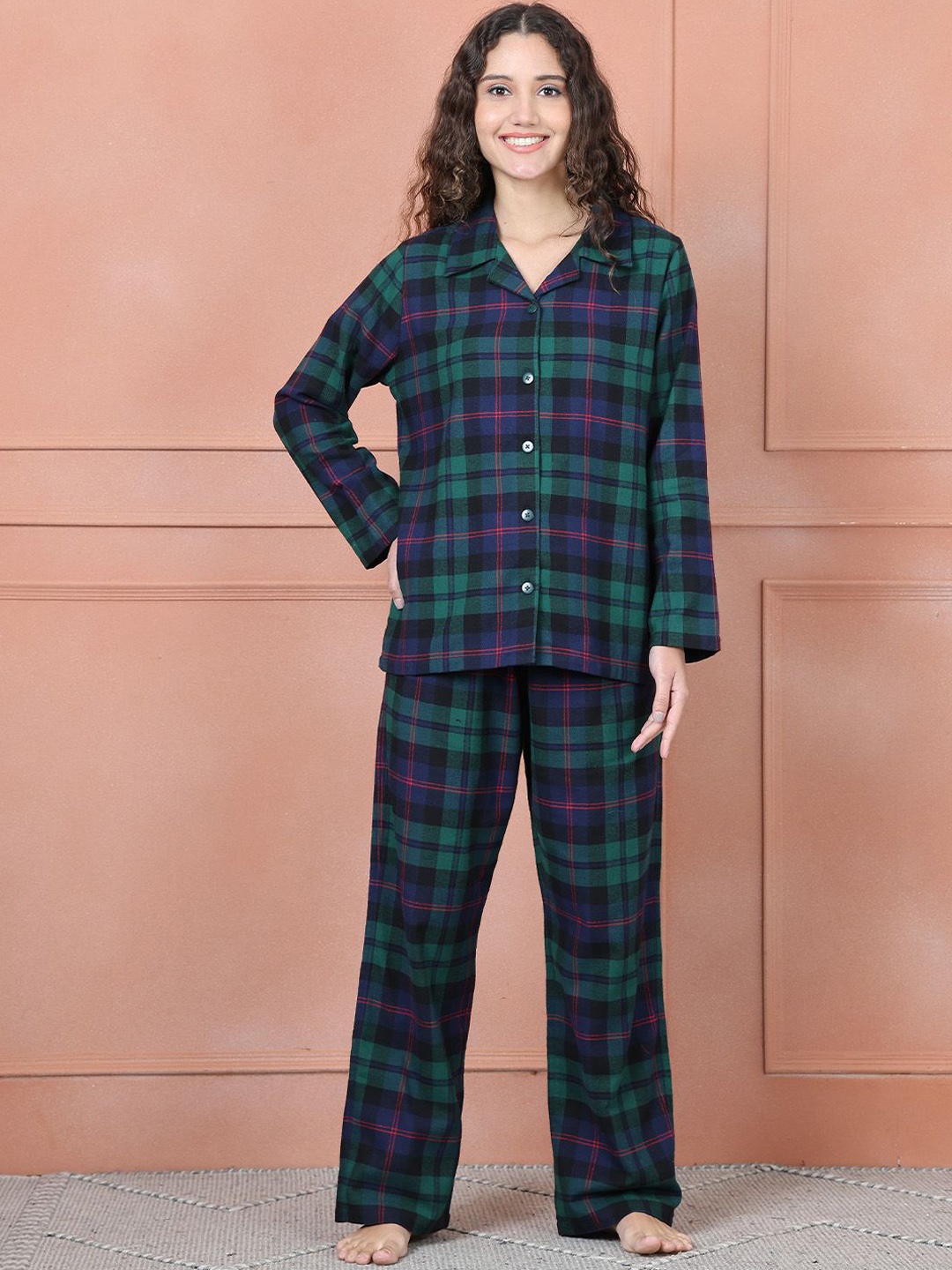 

Secret Wish Women Lapel Collar Checked Night suit, Green