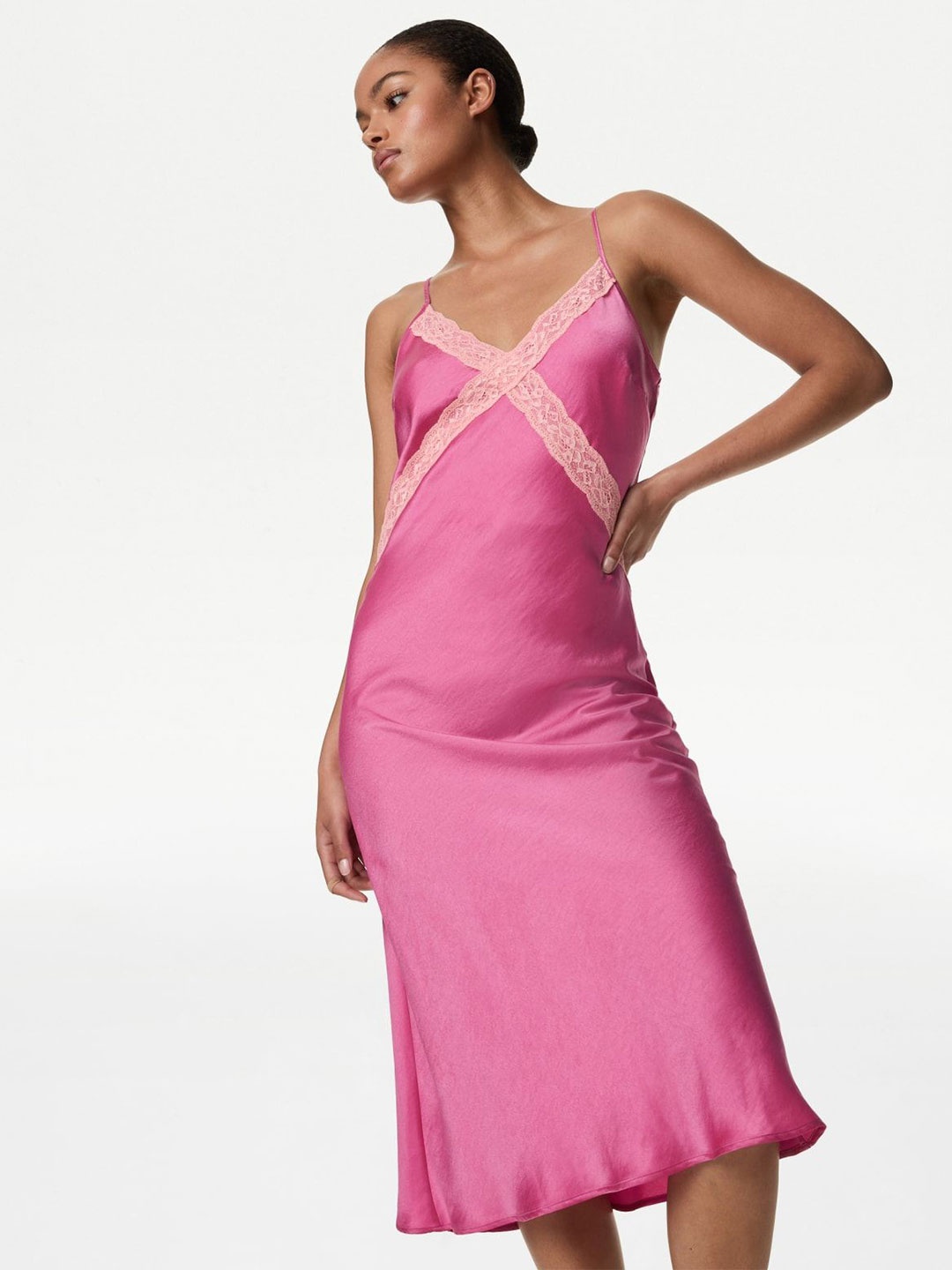 

Marks & Spencer Women Shoulder Straps Lace Detailed Nightdress, Pink
