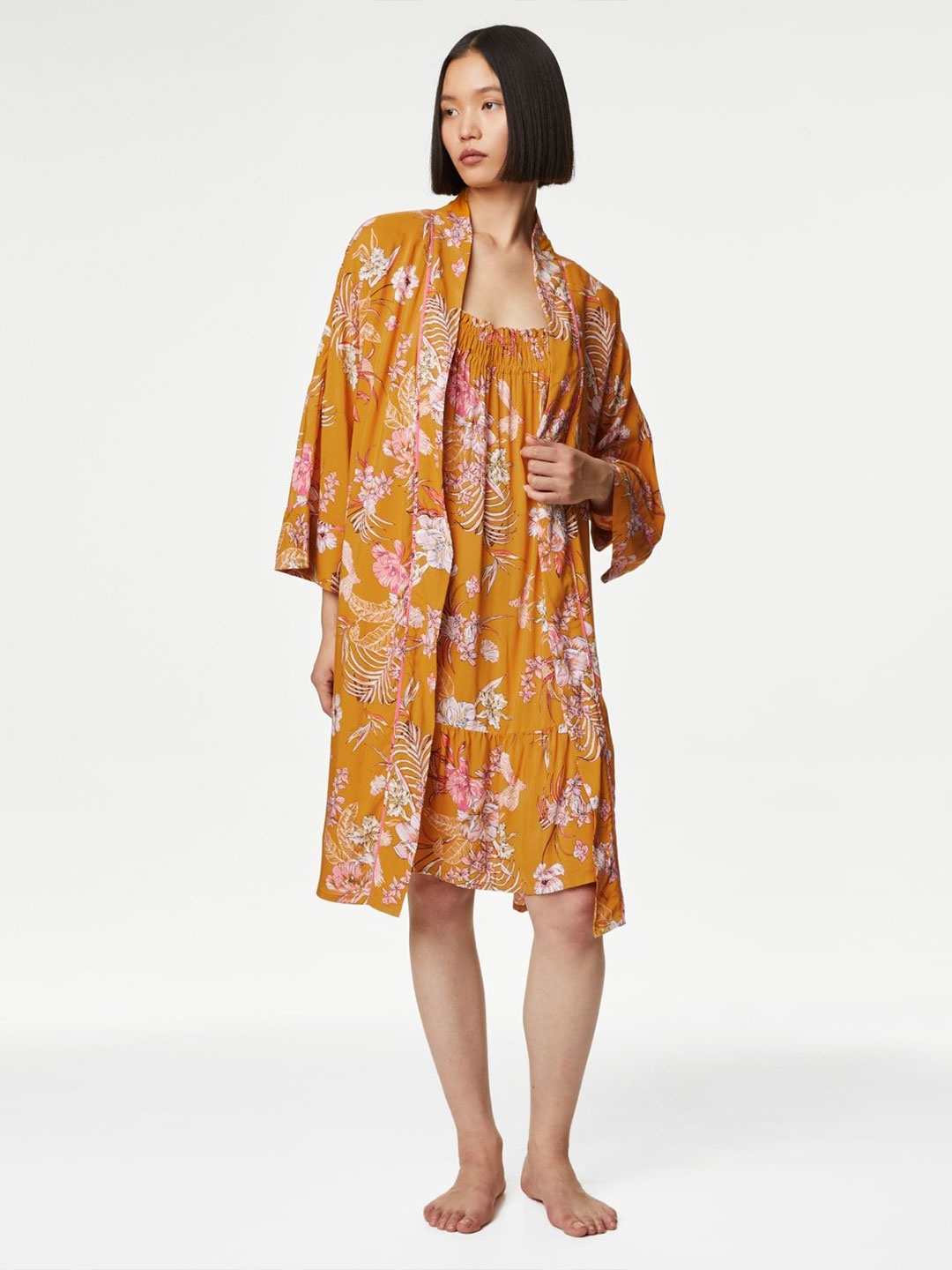 

Marks & Spencer Women Floral Printed Wrap Nightdress With Robe, Mustard