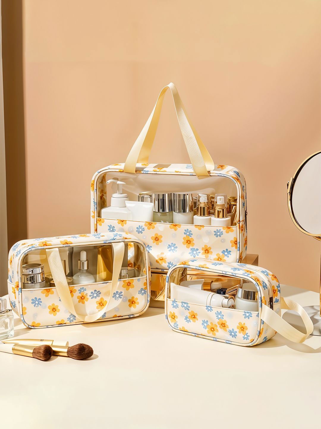 

Kuber Industries Set Of 3 floral Printed Makeup Pouch, Yellow