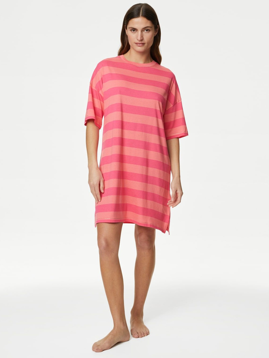 

Marks & Spencer Women Striped Pure Cotton T-shirt Nightdress, Pink