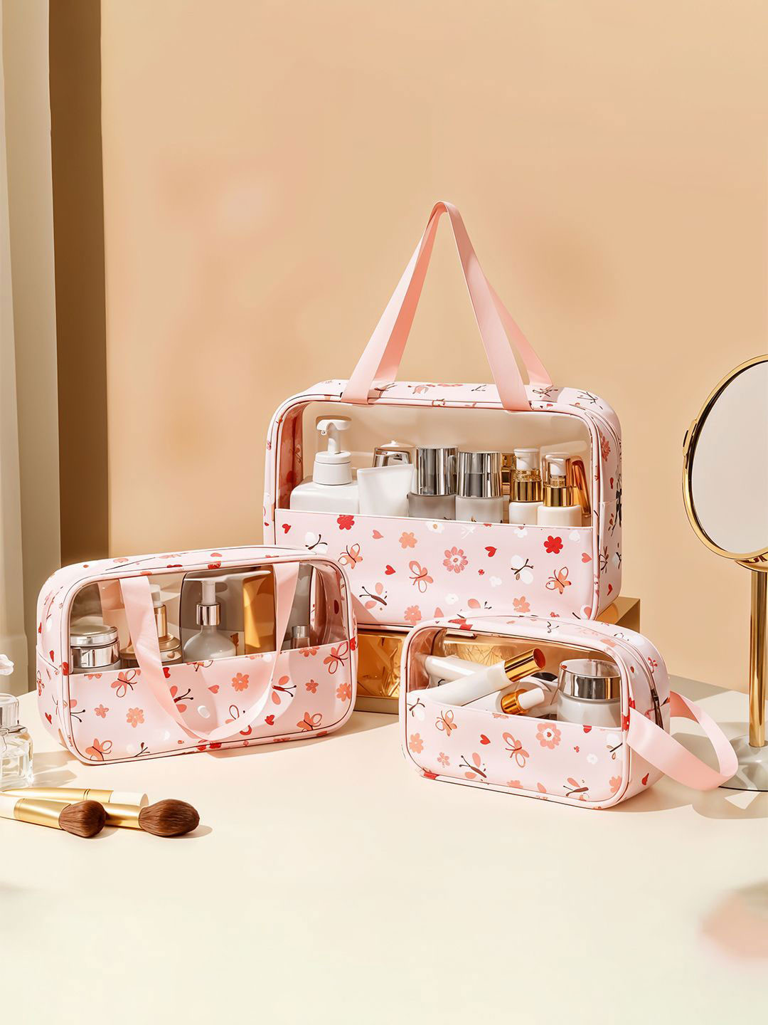 

Kuber Industries Set Of 3 Floral Printed Makeup Pouch, Pink