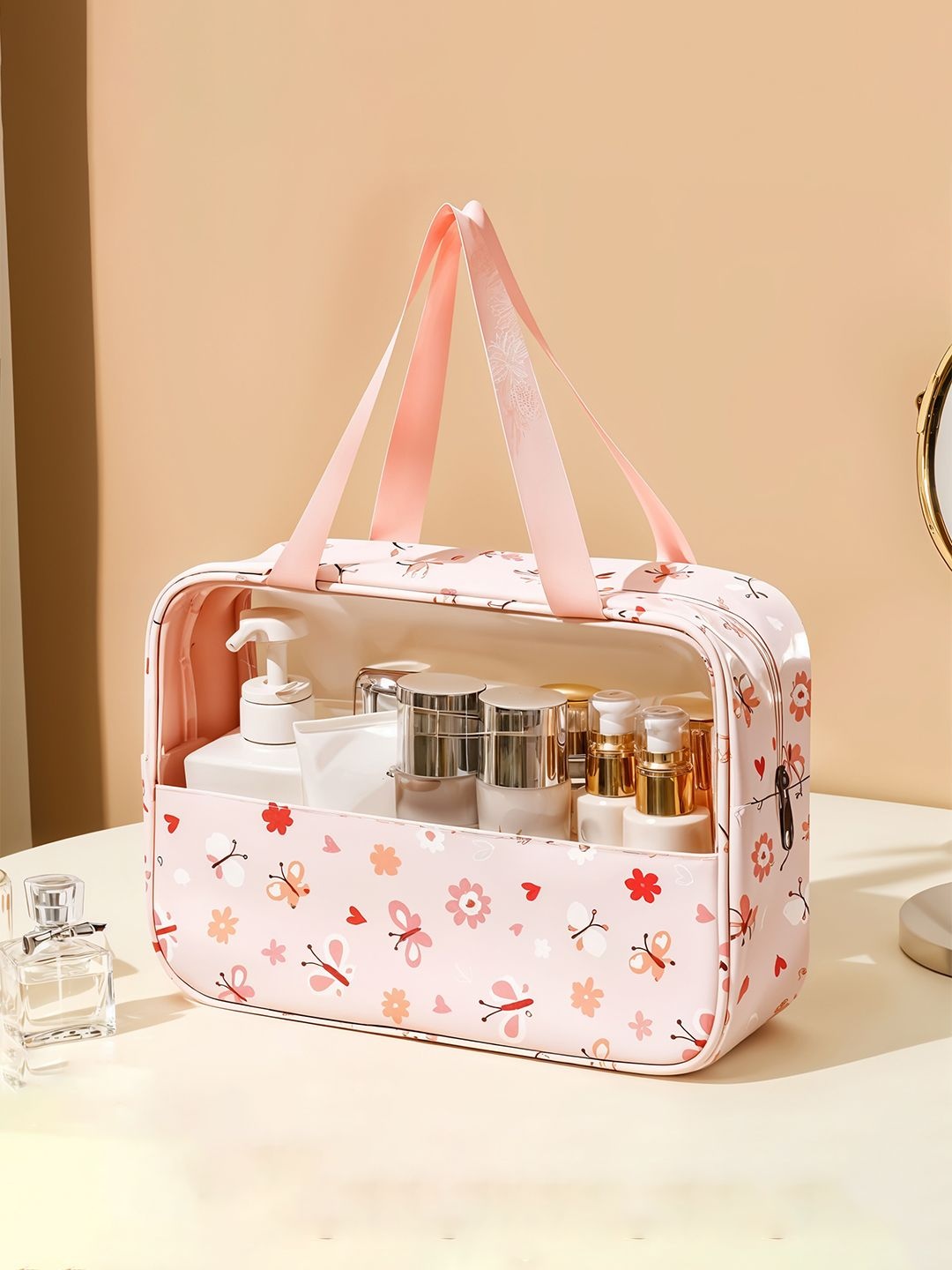 

Kuber Industries Set Of 9 floral Printed Makeup Pouch, Pink