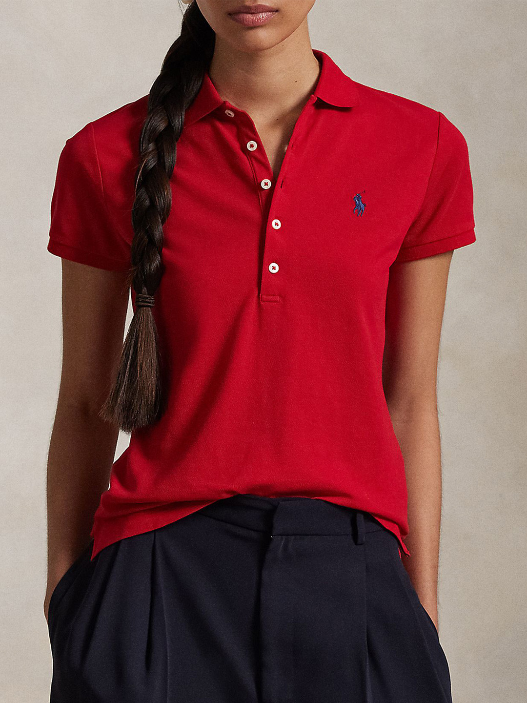 

Polo Ralph Lauren Women Solid Polo Collar Cotton T-shirt, Red