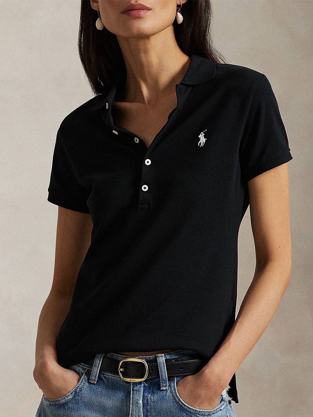 

Polo Ralph Lauren Women Solid Polo Collar Slim Fit Cotton T-shirt, Black