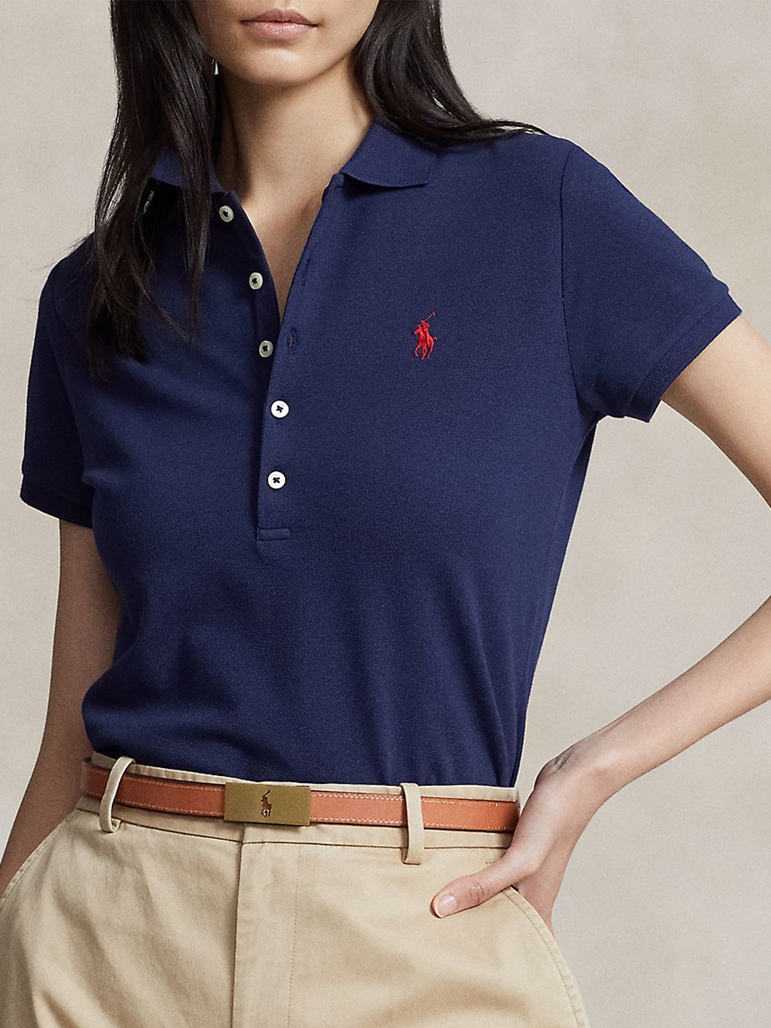 

Polo Ralph Lauren Women Solid Polo Collar Slim Fit Cotton T-shirt, Navy blue